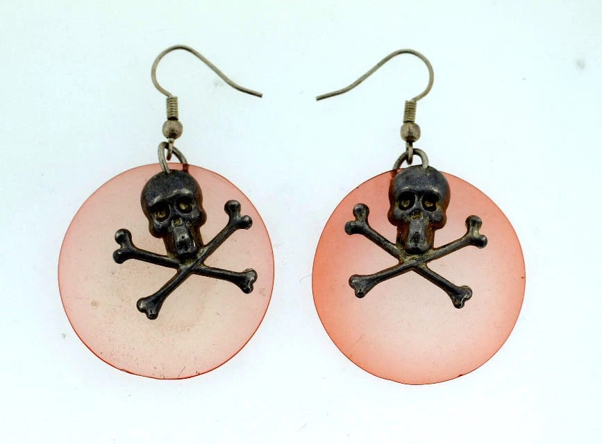 ACRYLIC SKULL STERLING SILVER HANGING EARRINGS PINK CIRCLE FANCY UNIQUE - 2
