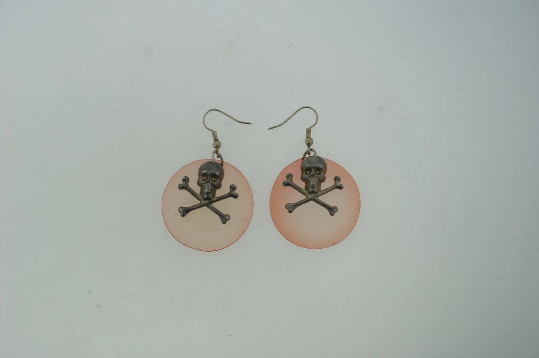 ACRYLIC SKULL STERLING SILVER HANGING EARRINGS PINK CIRCLE FANCY UNIQUE - 5