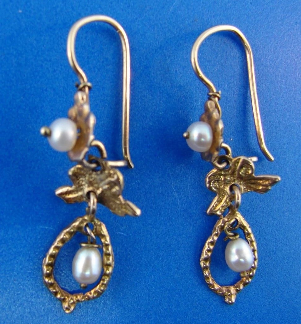 AMAZING 10k Yellow Gold Pearl Earrings, c. 1950 - 2