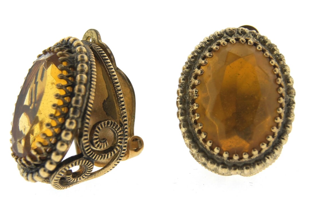 TIMELESS Whiting & Davis Co. Gold Plated & Yellow Stone Clip On Earrings! (1 of 5)