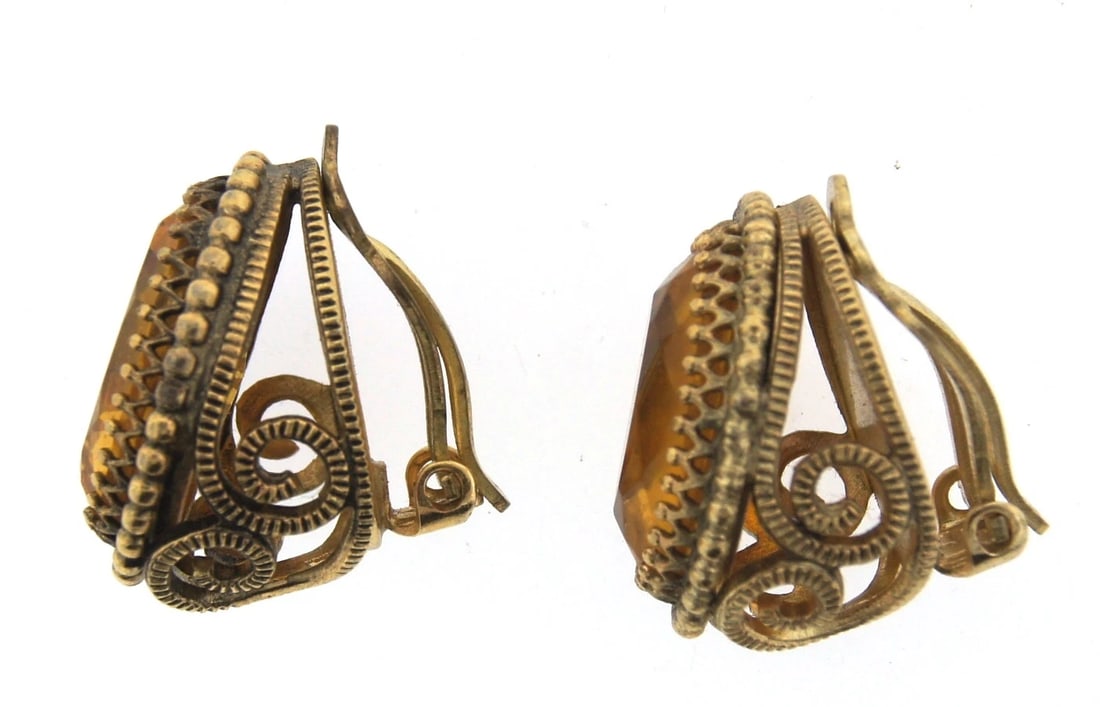 TIMELESS Whiting & Davis Co. Gold Plated & Yellow Stone Clip On Earrings! - 5