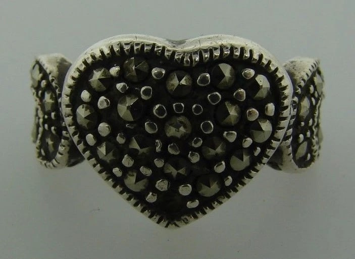 LOVE ME Sterling Silver & Marcasite Heart Ring: Title: LOVE ME Sterling Silver & Marcasite Heart Ring Description: Fine Jewelry, Arts & Antiques Purveyors and Purchasers of Antique and Estate Pieces DK Sterling Silver & Marcasite Heart Ring· W