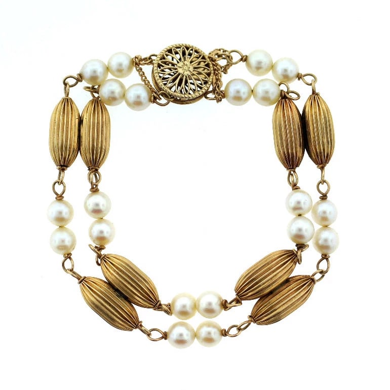 VINTAGE C.1960 14K YELLOW GOLD PEARL BRACELET UNIQUE GREAT GIFT - 2