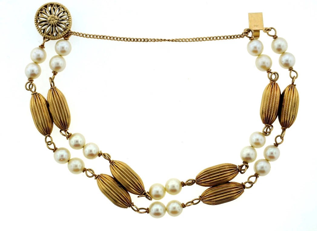 VINTAGE C.1960 14K YELLOW GOLD PEARL BRACELET UNIQUE GREAT GIFT - 3