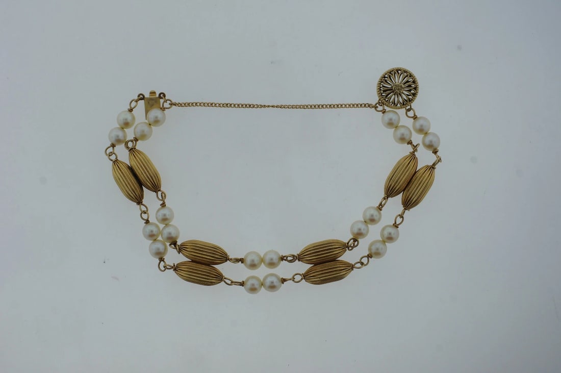 VINTAGE C.1960 14K YELLOW GOLD PEARL BRACELET UNIQUE GREAT GIFT - 5