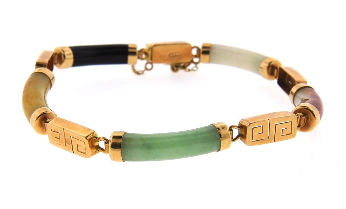 WONDERFUL Chinese 14k Gold & Jade Bracelet Circa 1970!: Title: WONDERFUL Chinese 14k Gold & Jade Bracelet Circa 1970! Description: Fine Jewelry, Arts & AntiquesPurveyors and Purchasers ofAntique and Estate Pieces , CA90212 DKChinese 14k Gold & Jade