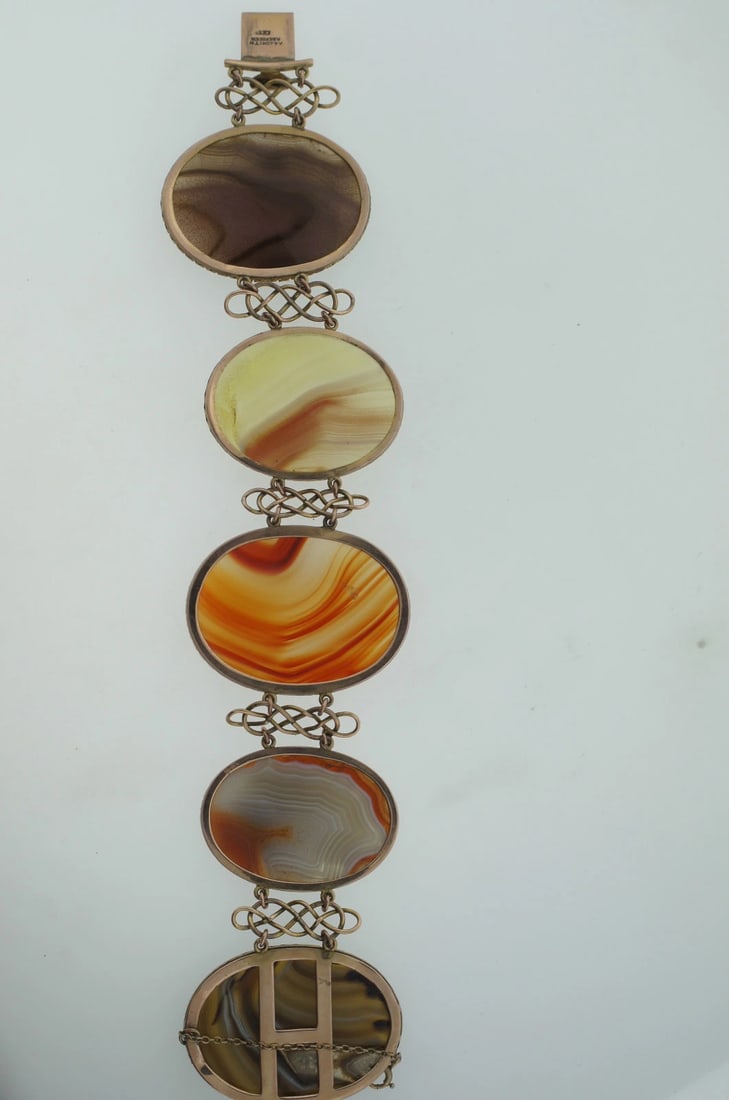 C.1900 VICTORIAN A & J SMITH ABERDEEN 9K GOLD AGATE AGATH SCOTTISH BRACELET - 7