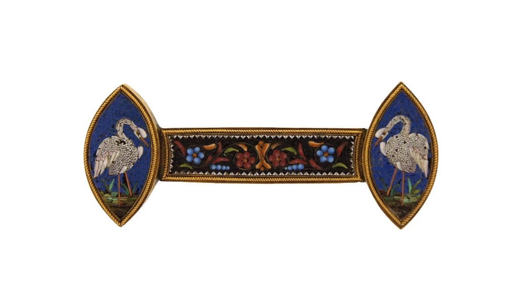 STYLISH YELLOW GOLD MICRO MOSAICS PIN CIRCA 1900: Title: STYLISH YELLOW GOLD MICRO MOSAICS PIN CIRCA 1900 Description: Fine Jewelry, Arts & AntiquesPurveyors and Purchasers ofAntique and Estate Pieces, M JEOO Yellow Gold Micro Mosaics Pin This