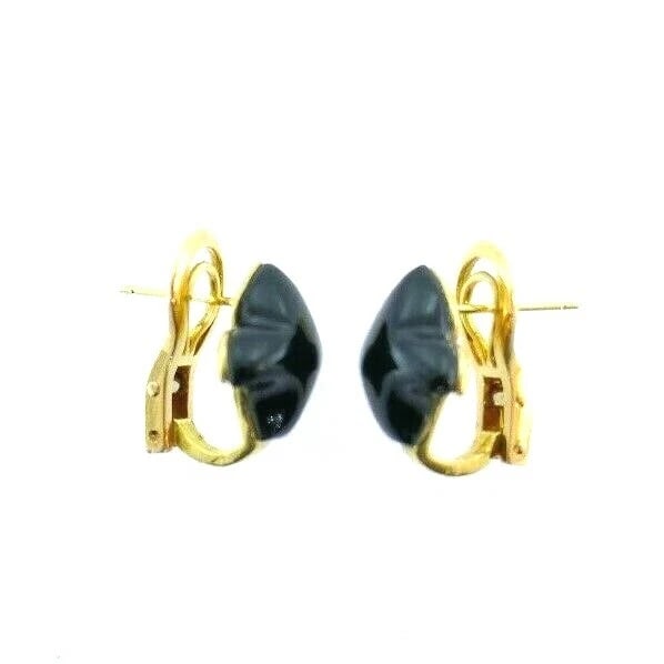 FRENCH 18k Yellow Gold & Onyx Fleur De Lis Motif Earrings Vintage - 4