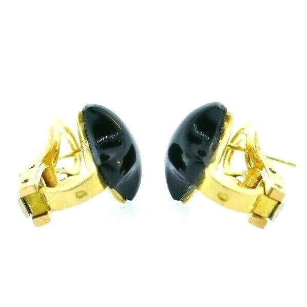 FRENCH 18k Yellow Gold & Onyx Fleur De Lis Motif Earrings Vintage - 5