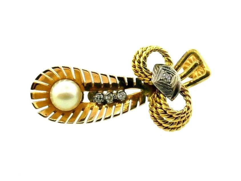 RETRO 14k Tri Color Gold, Diamond & Pearl Earrings Circa 1940s - 4