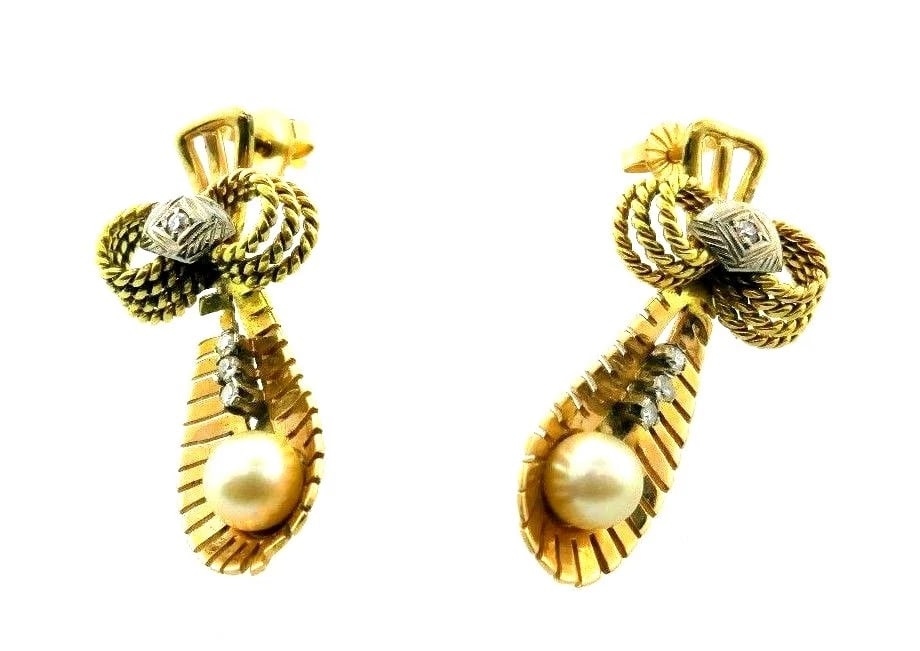 RETRO 14k Tri Color Gold, Diamond & Pearl Earrings Circa 1940s - 5