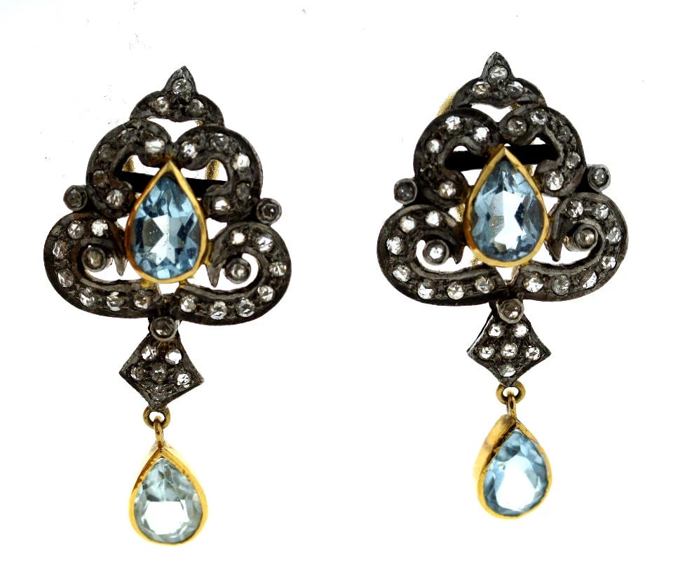 14K GOLD SILVER ROSE CUT DIAMOND AQUAMARINE EARRINGS CLIP ON C1950 VINTAGE - 2