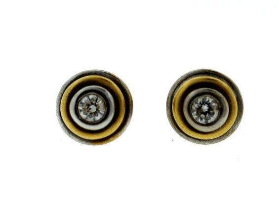 14K YELLOW WHITE GOLD STUD EARRINGS DIAMOND ROUND STYLISH - 2