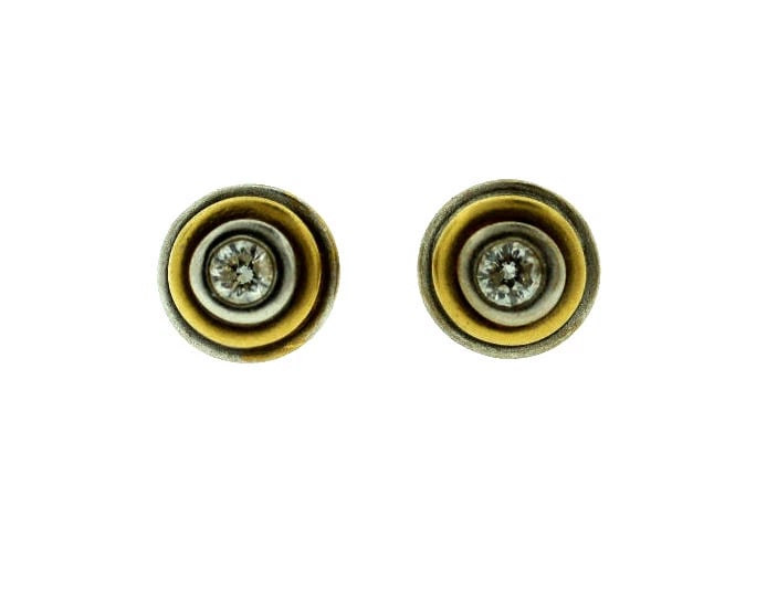 14K YELLOW WHITE GOLD STUD EARRINGS DIAMOND ROUND STYLISH - 4