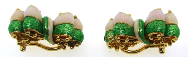 ADORABLE Tiffany&Co. Enamel and 18k Gold Bow Earrings: Title: ADORABLE Tiffany&Co. Enamel and 18k Gold Bow Earrings Description: Fine Jewelry, Arts & AntiquesPurveyors and Purchasers ofAntique and Estate Pieces a Tiffany&Co. Enamel Ribbon Gold Earrings Th