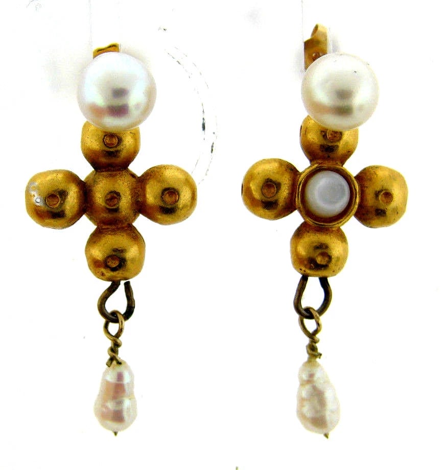 18K YELLOW GOLD PEARL DANGLE STUD 2 IN ONE EARRINGS STUDS C.1980 VINTAGE (1 of 1)