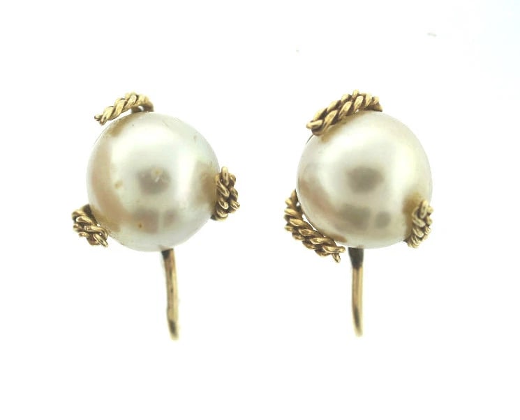 C.1950 14K YELLOW GOLD CULTURED PEARL EARRINGS STAMPED ADORABLE - 4