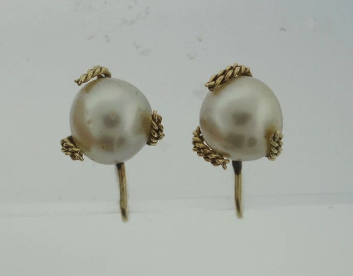 C.1950 14K YELLOW GOLD CULTURED PEARL EARRINGS STAMPED ADORABLE - 5