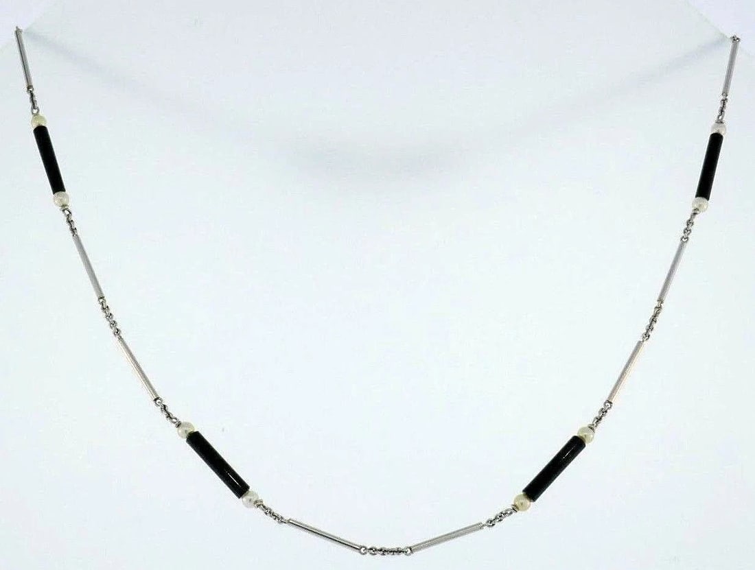 14k White Gold Onyx Seed Pearl Watch Chain Bracelet - 2