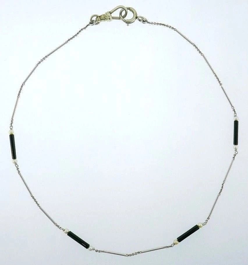 14k White Gold Onyx Seed Pearl Watch Chain Bracelet - 3