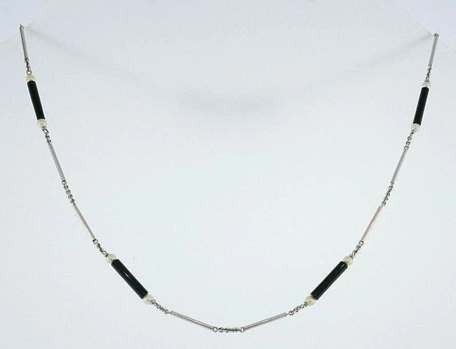 14k White Gold Onyx Seed Pearl Watch Chain Bracelet - 4
