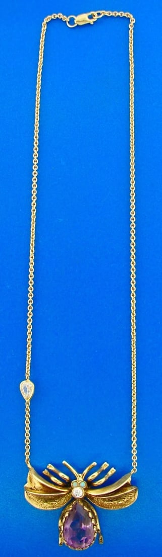 14k Bug Insect Fly Necklace with Amethyst, Opal & Diamonds - 4
