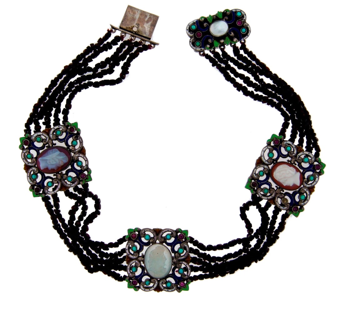 Antique 3 CAMEO MEDALLIONS on 5-STRAND GARNET BEAD CHOKER NECKLACE - Rare! Chic! - 3