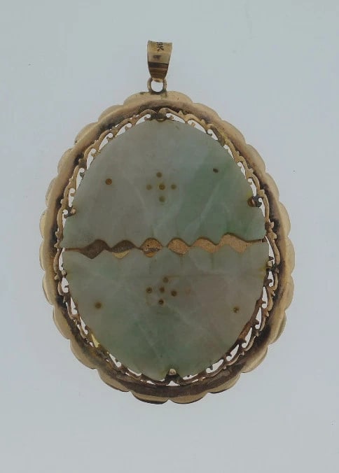 C.1950 CARVED JADE 14K YELLOW GOLD BIG VINTAGE PENDANT UNIQUE - 3