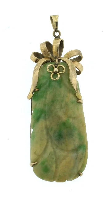 C.1950 CARVED JADE 14K YELLOW GOLD VINTAGE PENDANT UNIQUE - 2