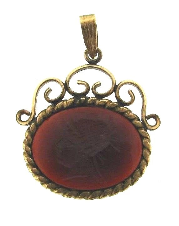 WOW 14k Yellow Gold & Carved Cornelian Pendant: Title: WOW 14k Yellow Gold & Carved Cornelian Pendant Description: Fine Jewelry, Arts & Antiques Purveyors and Purchasers of Antique and Estate Pieces DK 14k Yellow Gold & Carved Cornelian Pendant 
