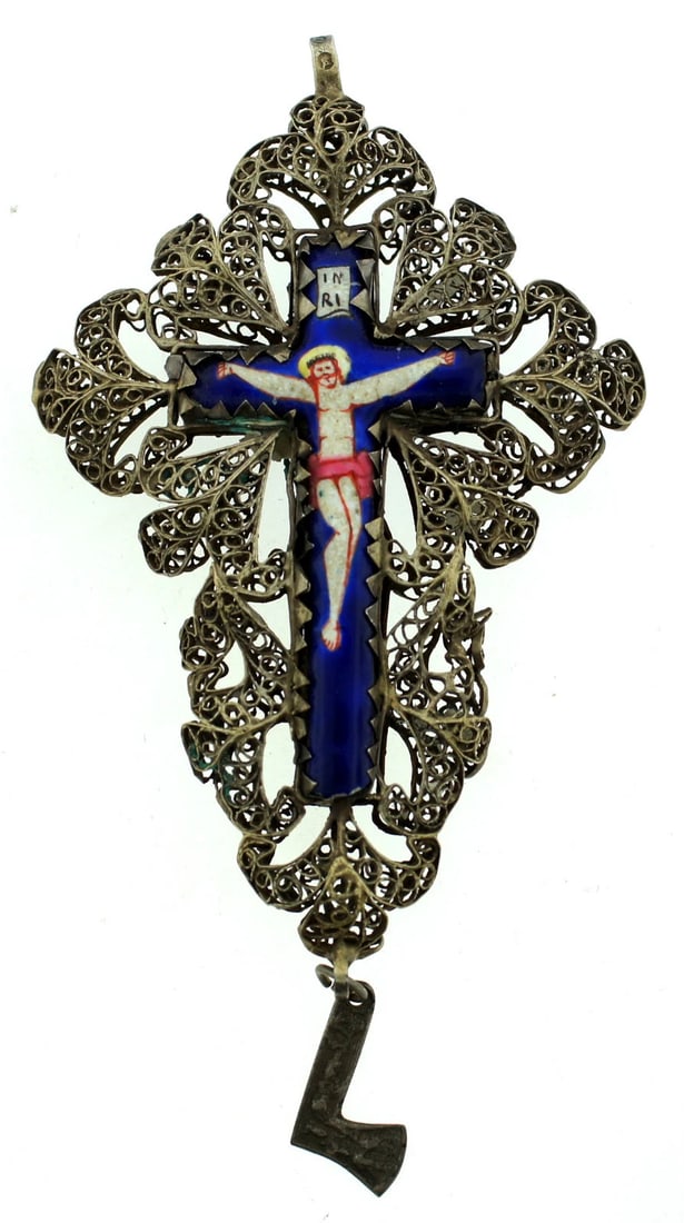 ITALIAN SILVER ENAMEL CROSS PENDANT C.1960 UNIQUE STAMPED: Title: ITALIAN SILVER ENAMEL CROSS PENDANT C.1960 UNIQUE STAMPED Description: Fine Jewelry, Arts & AntiquesPurveyors and Purchasers ofAntique and Estate Pieces N-JOO ITALIAN SILVER ENAMEL C.1960