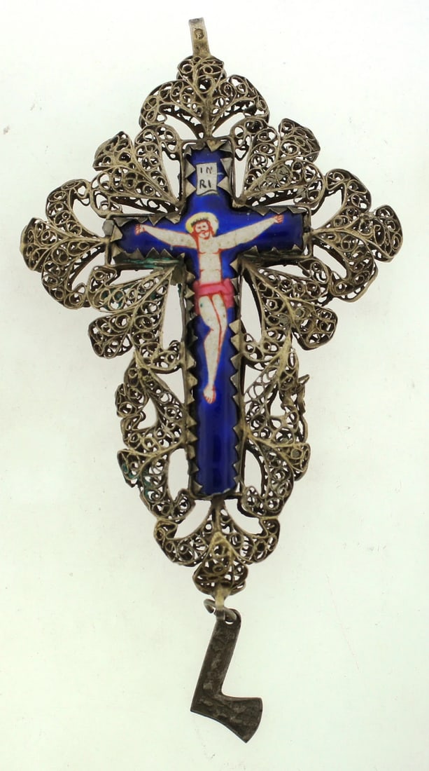 ITALIAN SILVER ENAMEL CROSS PENDANT C.1960 UNIQUE STAMPED - 5