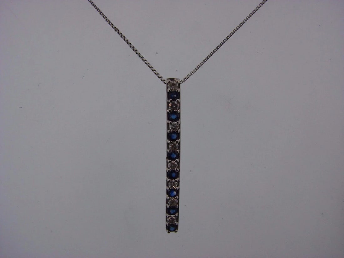 TRENDY 14k White Gold, Diamond & Sapphire Necklace: Title: TRENDY 14k White Gold, Diamond & Sapphire Necklace Description: DK 14k White Gold, Diamond & Sapphire Necklace · Wonderful necklace that is a necessity in your collection.· The