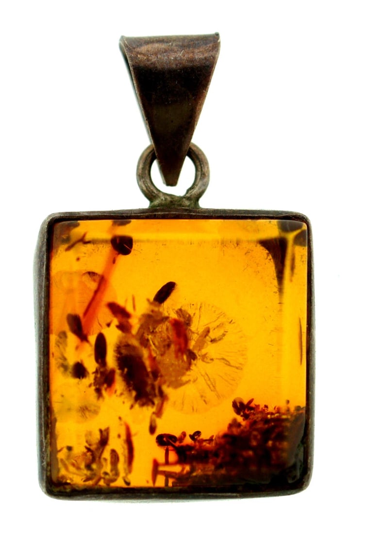 VINTAGE C.1960 SILVER 925 AMBER PENDANT SQUARE CUTE ADORABLE - 2