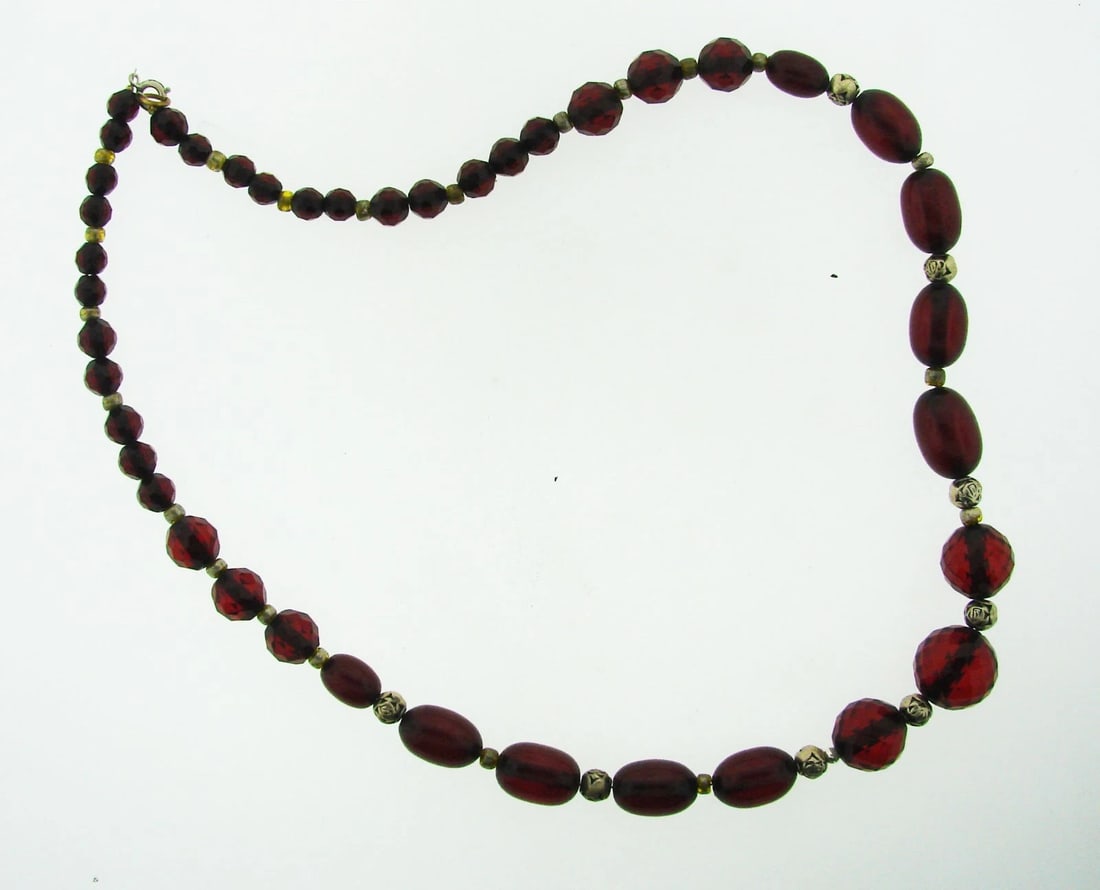 GORGEOUS Silver & Polished Amber Beaded Necklace Circa 1900s! - 4