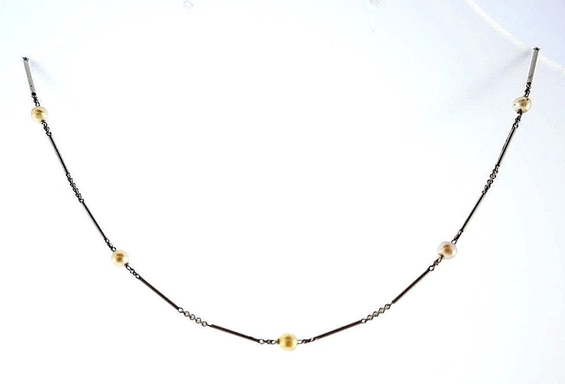 Platinum Pearl Watch Chain with 14k Yellow Gold Clasp - 3