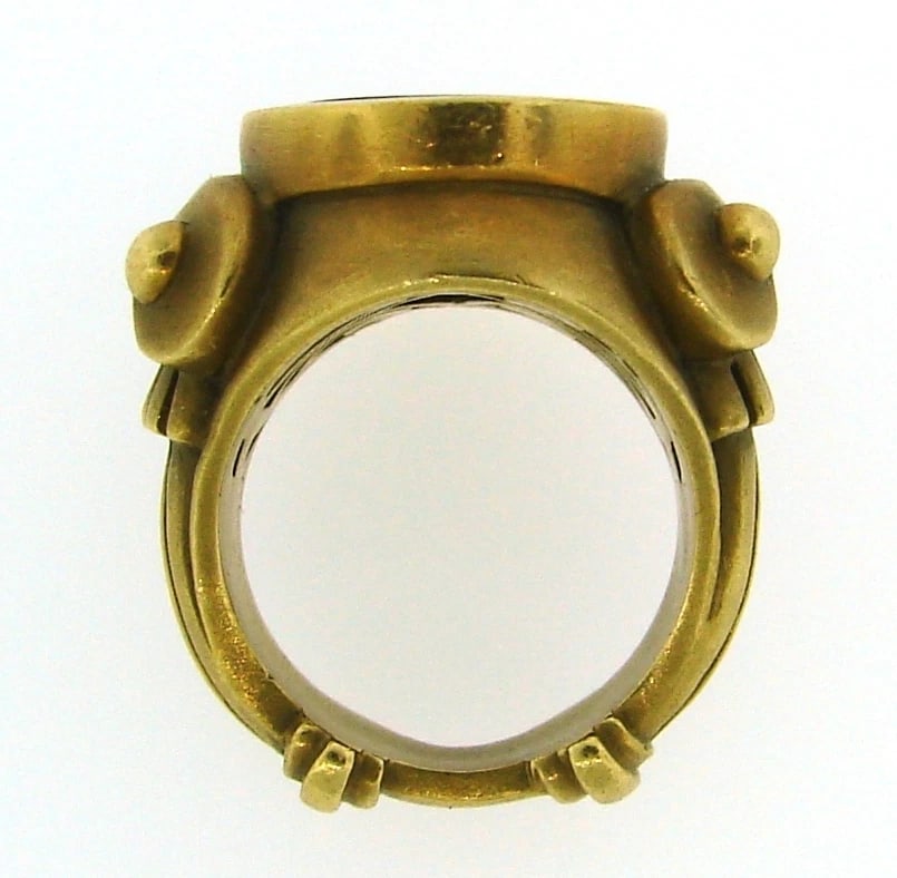 KIESELSTEIN-CORD CARVED ART GLASS INTAGLIO & GOLD RING - Unisex! Bold! Fun! - 6