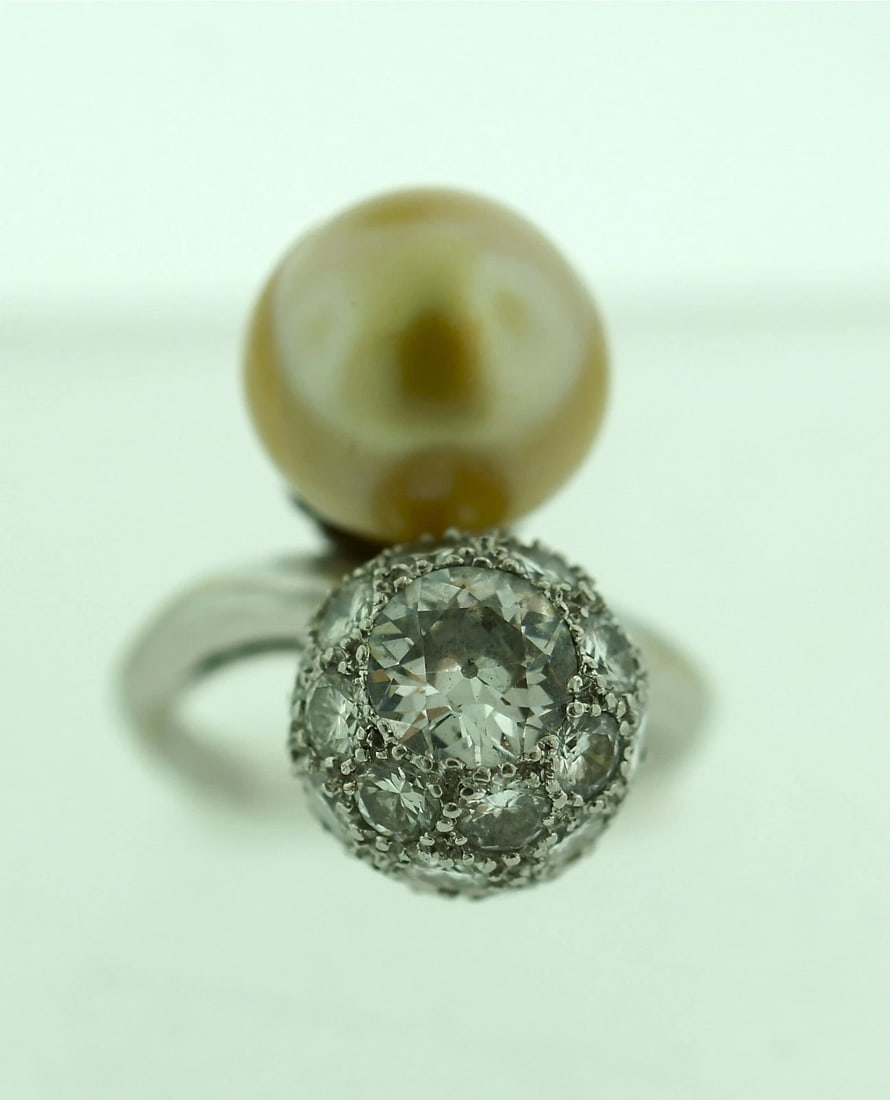 ADORABLE PLATINUM 1.60CTS DIAMOND & GOLD SOUTH SEA PEARL RING C.1950 - 3