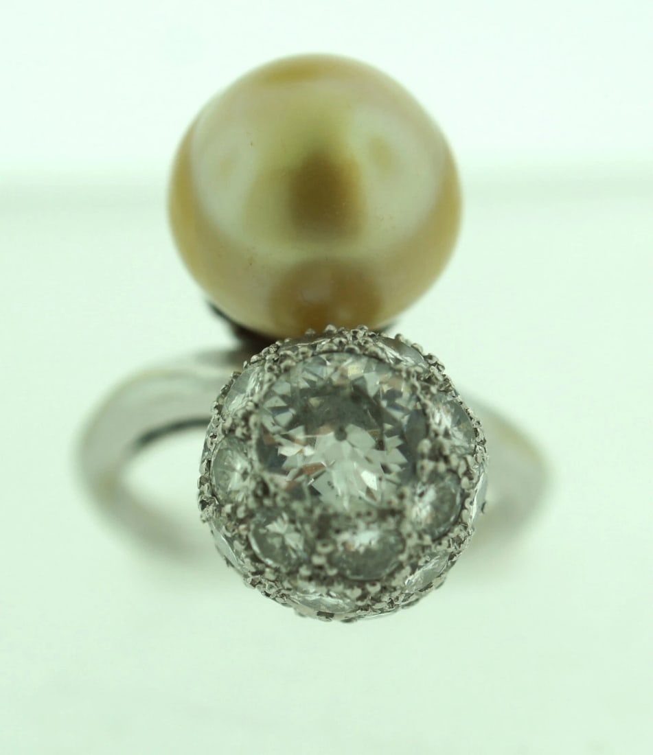 ADORABLE PLATINUM 1.60CTS DIAMOND & GOLD SOUTH SEA PEARL RING C.1950 - 4