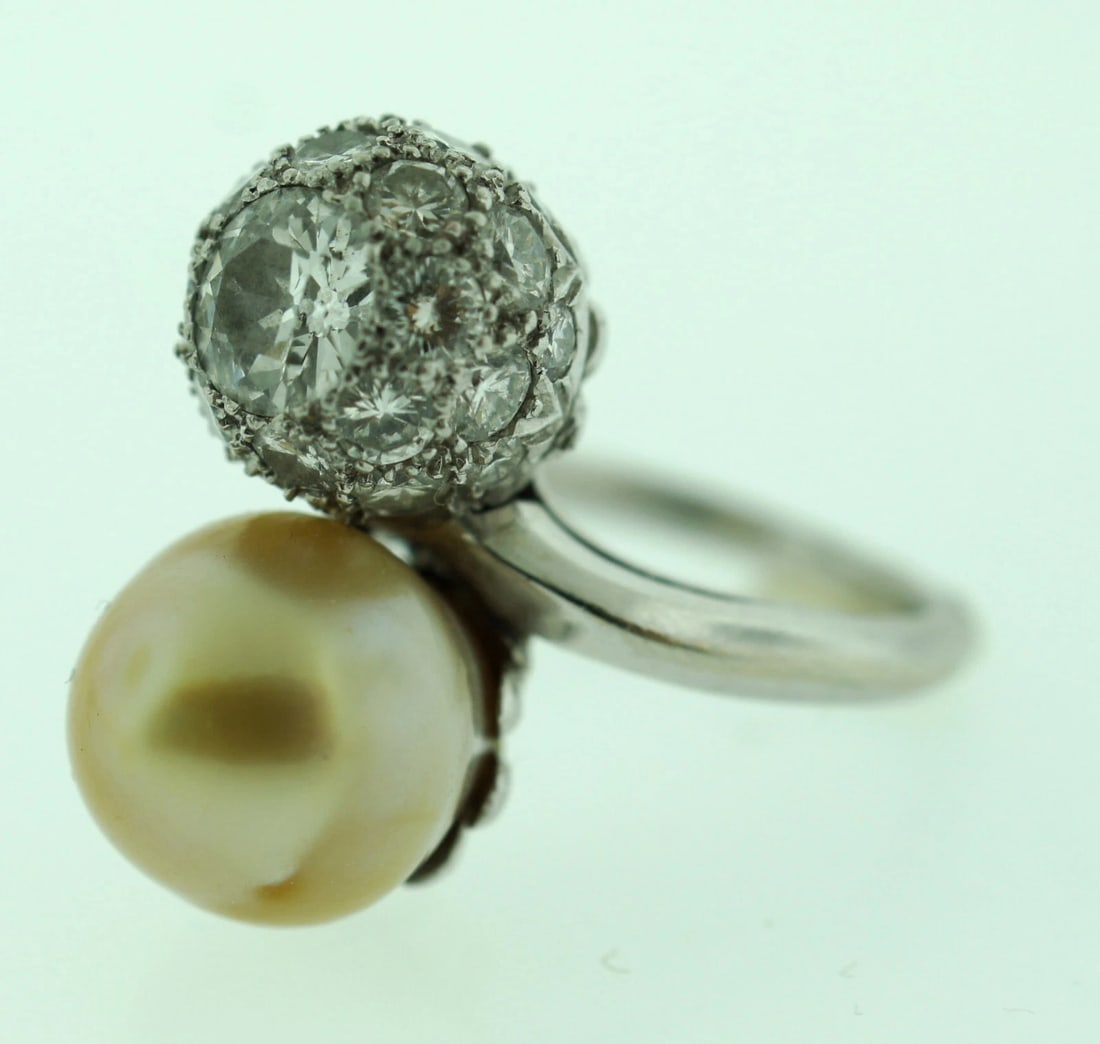 ADORABLE PLATINUM 1.60CTS DIAMOND & GOLD SOUTH SEA PEARL RING C.1950 - 6