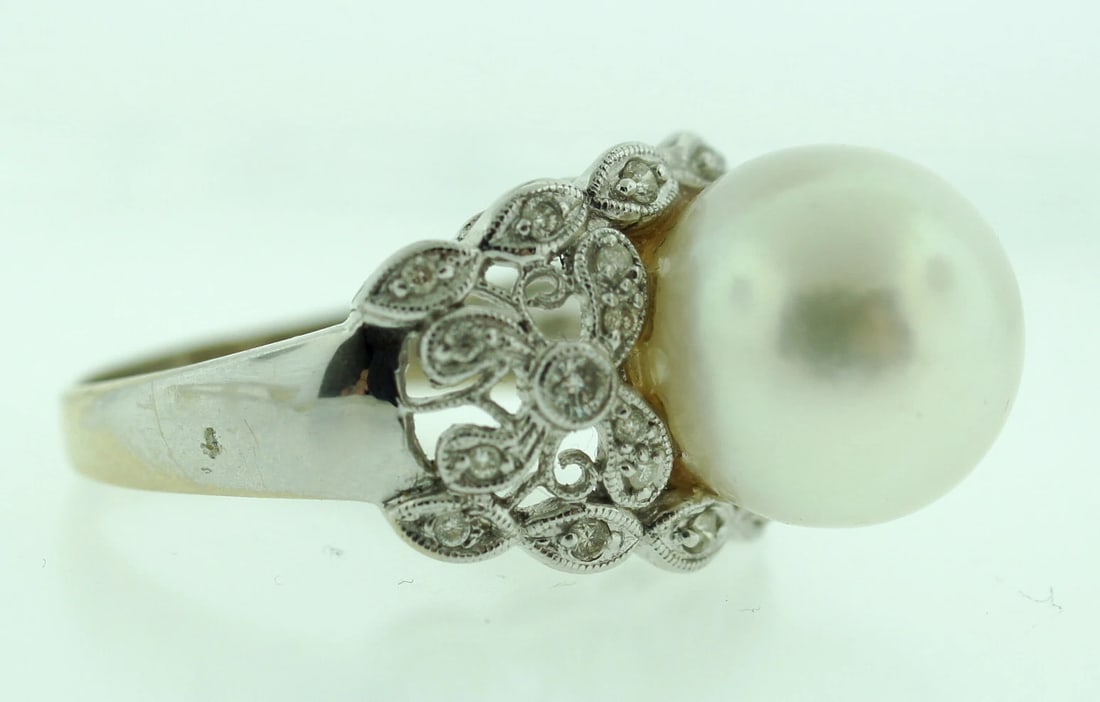 BEAUTIFUL 14K WHITE GOLD 0.34 CTS DIAMOND SOUTH SEA PEARL RING - 10