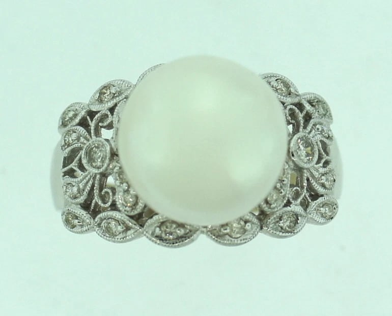 BEAUTIFUL 14K WHITE GOLD 0.34 CTS DIAMOND SOUTH SEA PEARL RING - 3