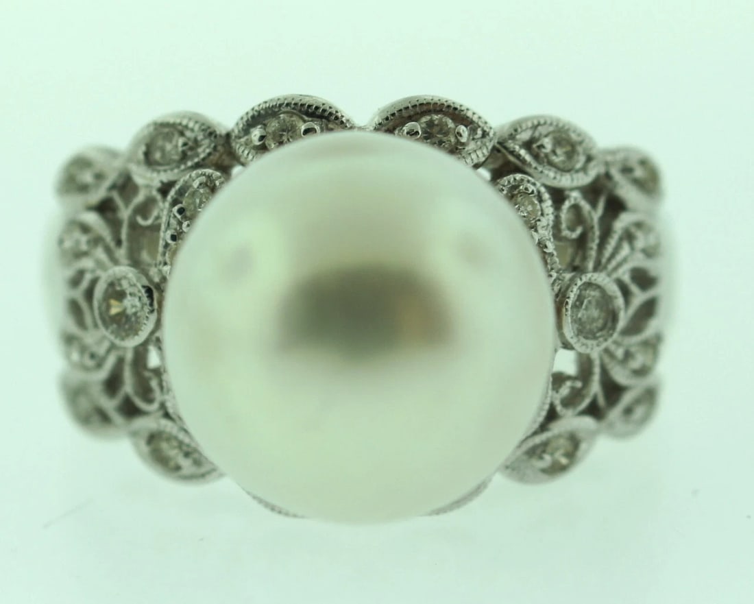 BEAUTIFUL 14K WHITE GOLD 0.34 CTS DIAMOND SOUTH SEA PEARL RING - 4
