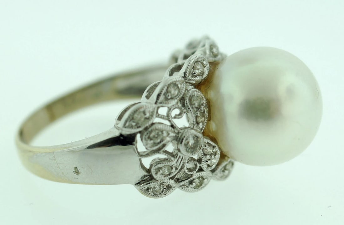 BEAUTIFUL 14K WHITE GOLD 0.34 CTS DIAMOND SOUTH SEA PEARL RING - 6