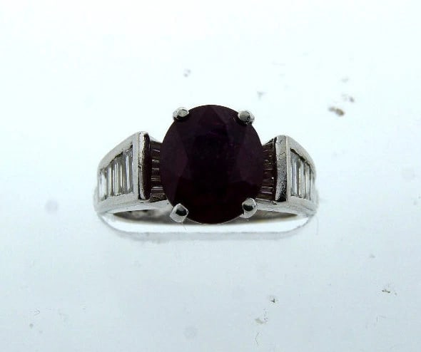 C.1960 VINTAGE Lab Grown RUBY DIAMOND 18K WHITE GOLD RING BAGUETTE STUNNING - 10