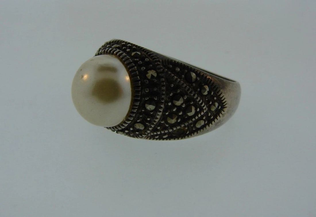 CHIC Sterling Silver, Marcasite & Costume Pearl Ring - 3