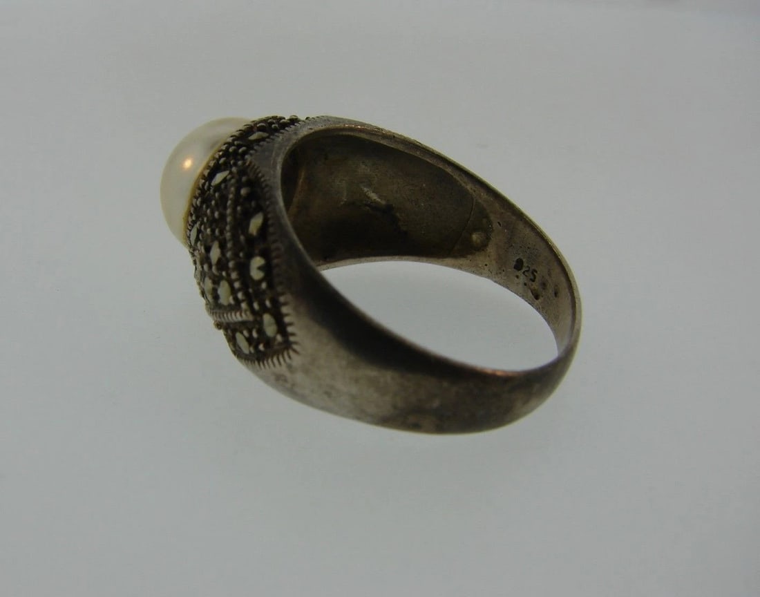 CHIC Sterling Silver, Marcasite & Costume Pearl Ring - 4