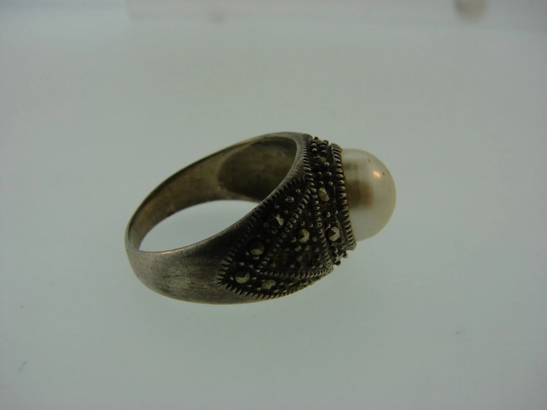 CHIC Sterling Silver, Marcasite & Costume Pearl Ring - 5