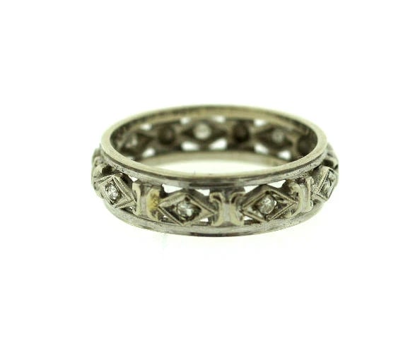 STYLISH 14K WHITE GOLD STAMPED DIAMOND BAND RING: Title: STYLISH 14K WHITE GOLD STAMPED DIAMOND BAND RING Description: Fine Jewelry, Arts & AntiquesPurveyors and Purchasers ofAntique and Estate Pieces, 14K WHITE GOLD DIAMOND BAND STAMPED WEIGHT 3.7